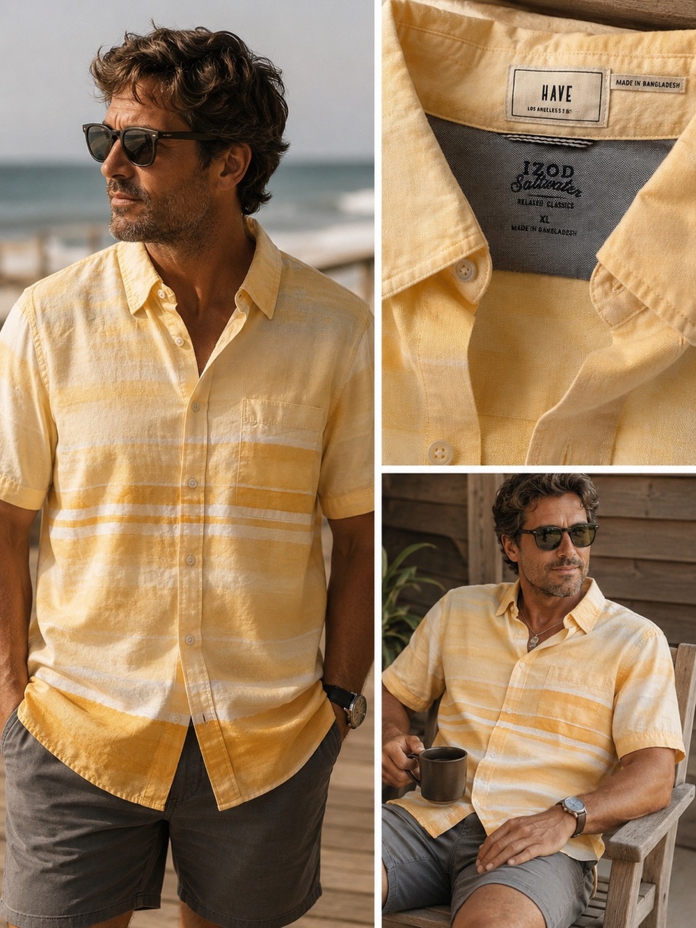 Izod Men’s Yellow Striped Short-Sleeve Button-Down Shirt